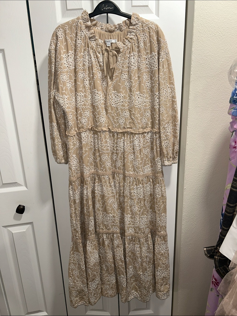 Chico's Beige and White Eyelet Tiered Maxi Dress